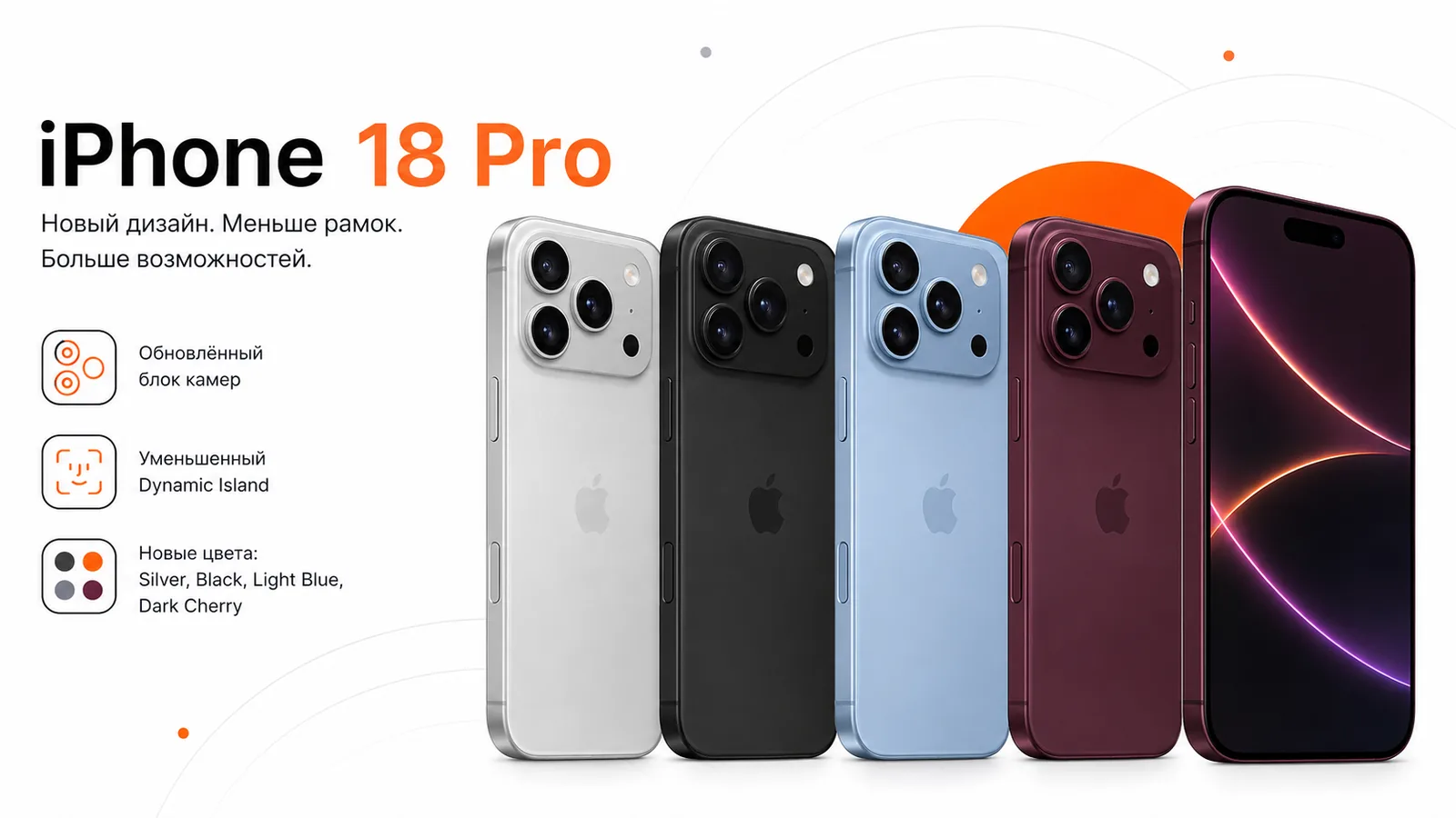 iPhone 18 Pro в четырёх цветах: обновлённый блок камер, уменьшенный Dynamic Island и новые оттенки корпуса