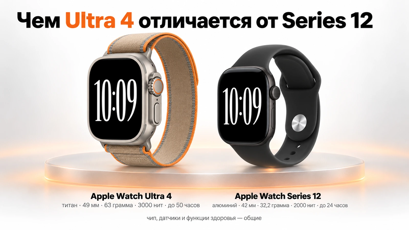 Apple Watch Ultra 4 и Series 12 рядом: титан 49 мм и алюминий 42 мм, 3000 и 2000 нит