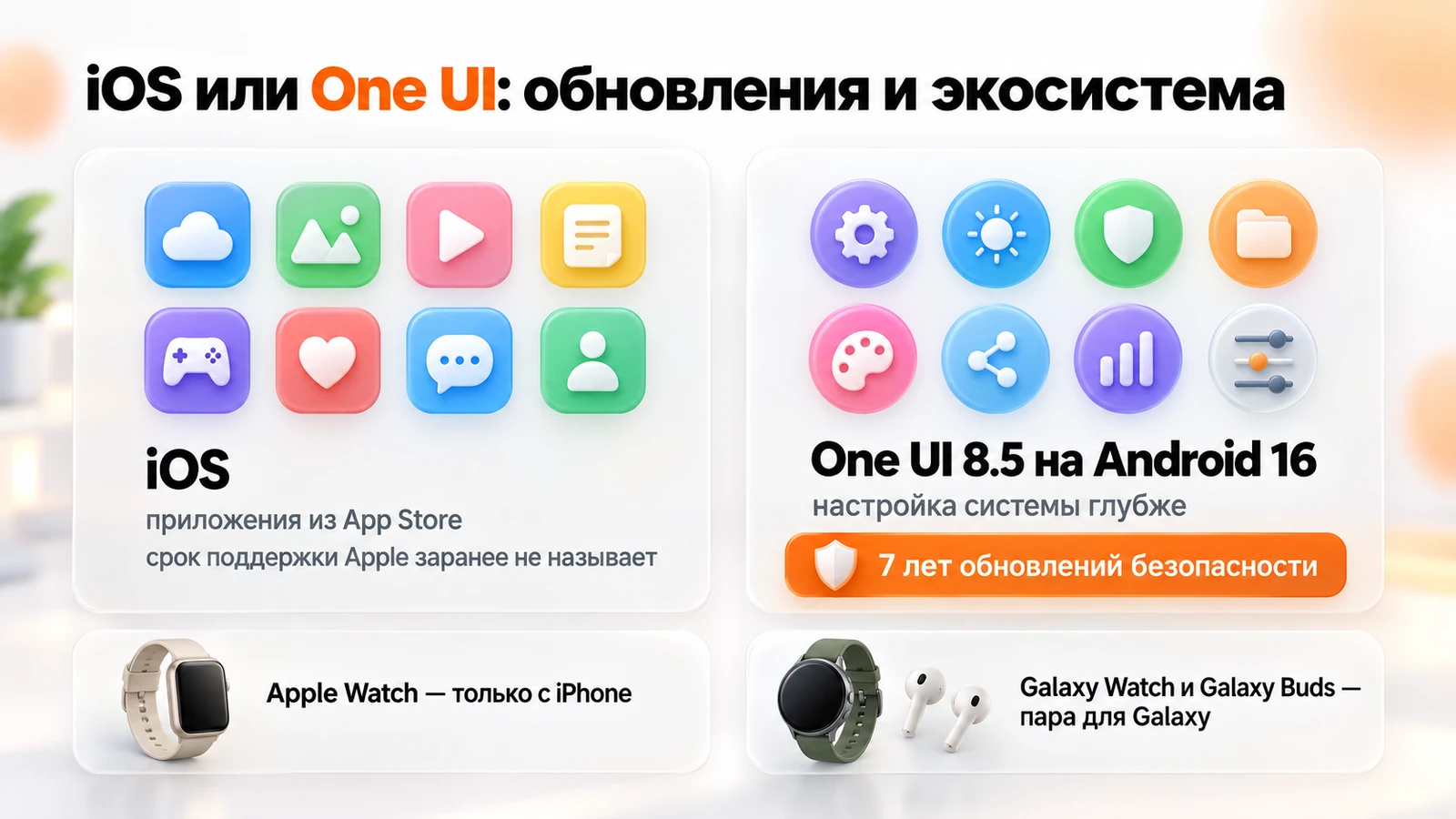 iOS и One UI 8.5 на Android 16: семь лет обновлений безопасности у S26, Apple Watch работают только с iPhone