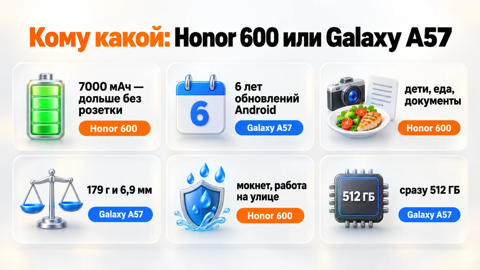 Кому какой телефон: Honor 600 — батарея, камера и защита от воды, Galaxy A57 — шесть лет обновлений, лёгкий корпус и версия на 512 ГБ