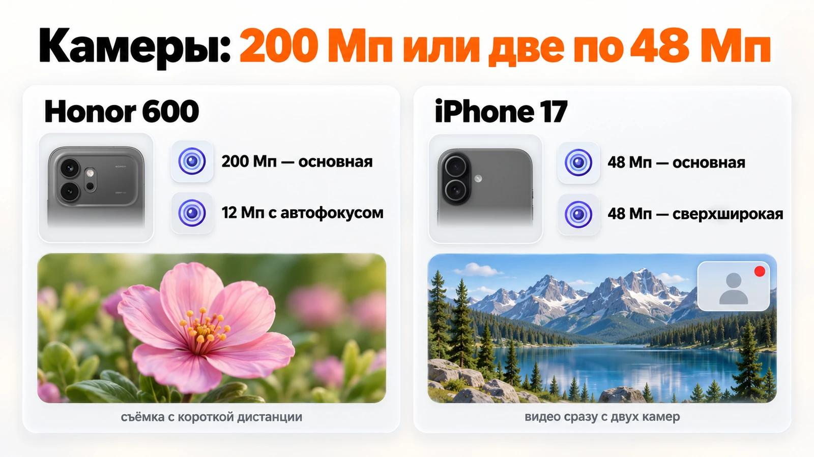 Камеры Honor 600 и iPhone 17: 200 и 12 Мп против двух модулей по 48 Мп