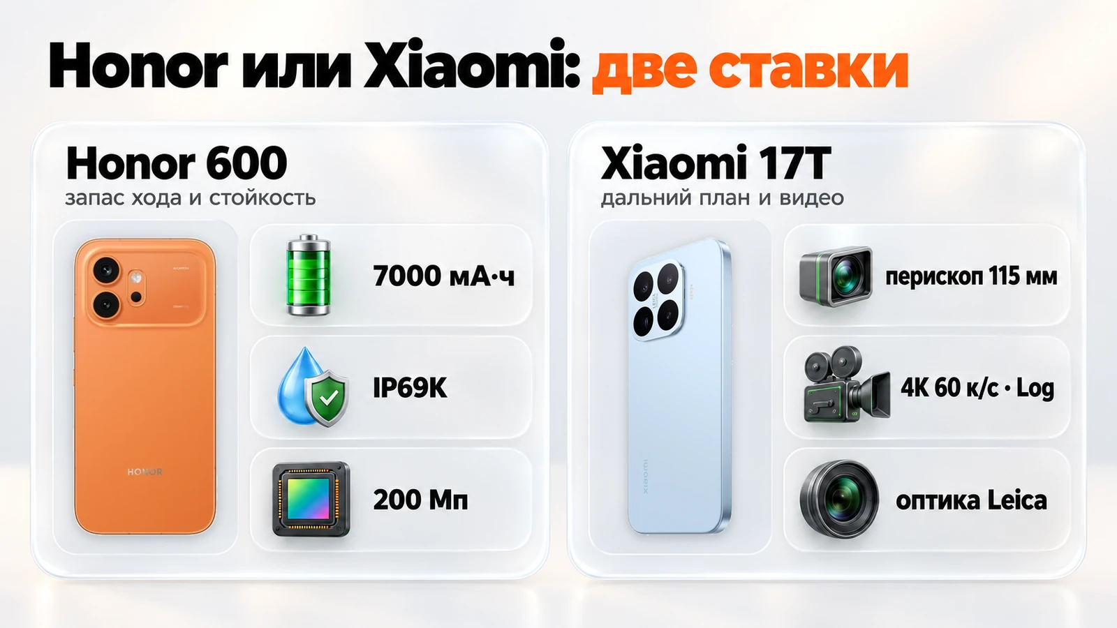 Honor или Xiaomi: Honor 600 — батарея 7000 мА·ч, IP69K и 200 Мп; Xiaomi 17T — перископ 115 мм, видео 4K 60 к/с и оптика Leica