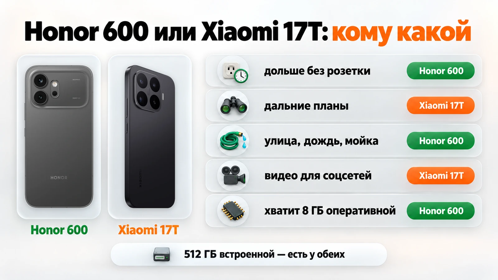 Honor 600 или Xiaomi 17T, кому какой: батарея, защита от воды и 8 ГБ — Honor; дальние планы и видео — Xiaomi