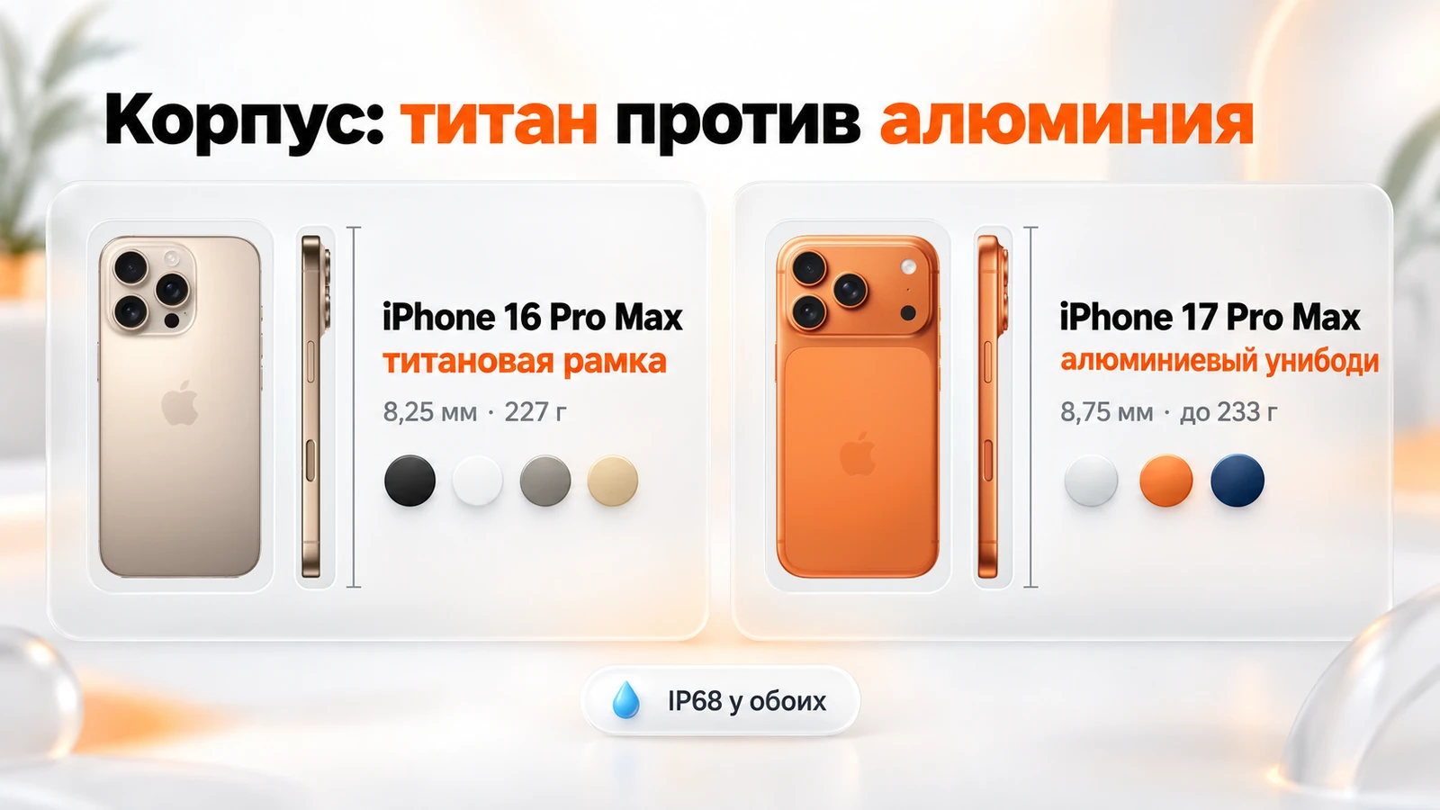 Корпус iPhone 16 Pro Max с титановой рамкой и алюминиевый унибоди iPhone 17 Pro Max: толщина и вес