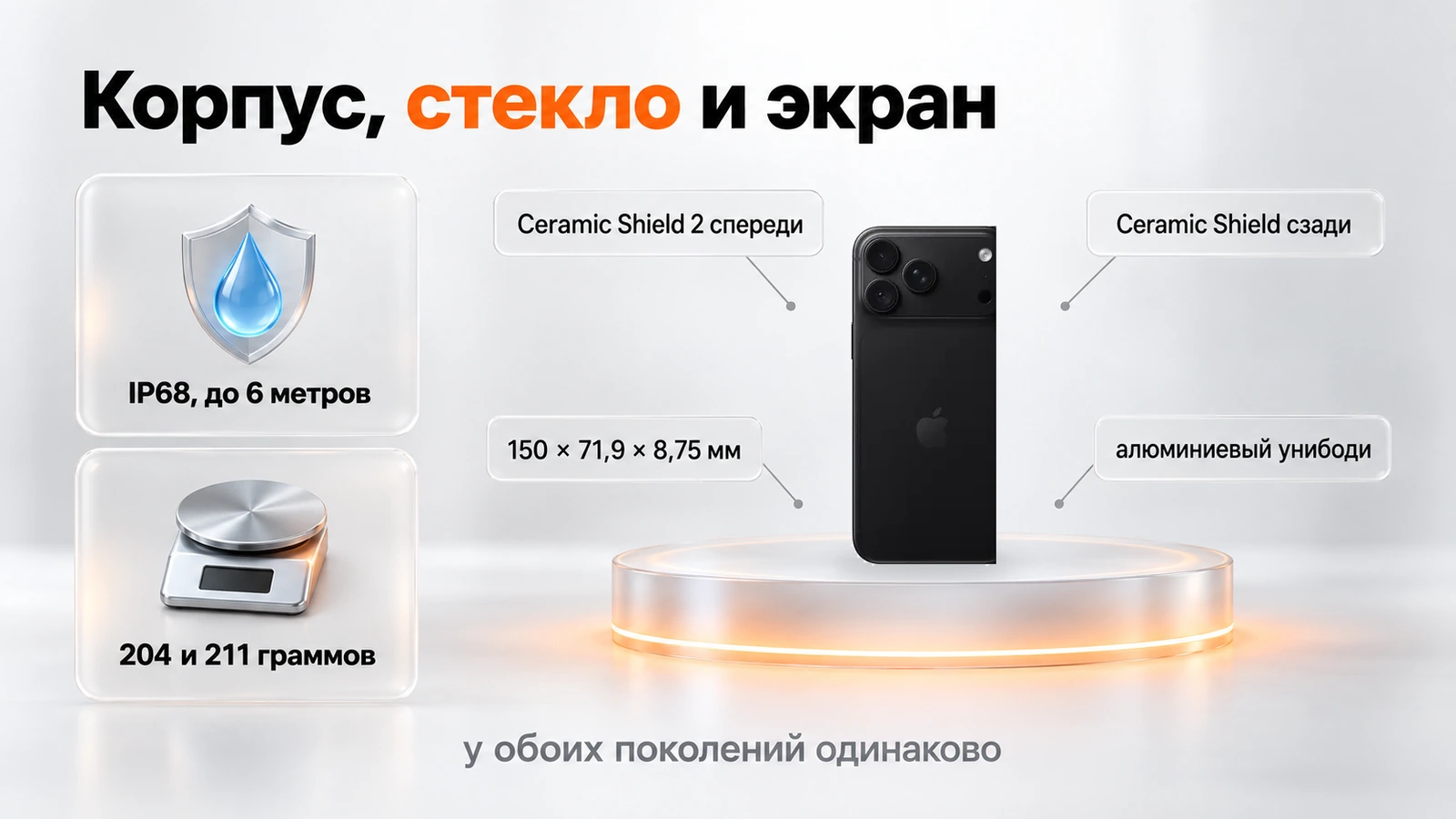 Корпус iPhone 18 Pro: алюминиевый унибоди, Ceramic Shield 2 спереди, IP68 до 6 метров