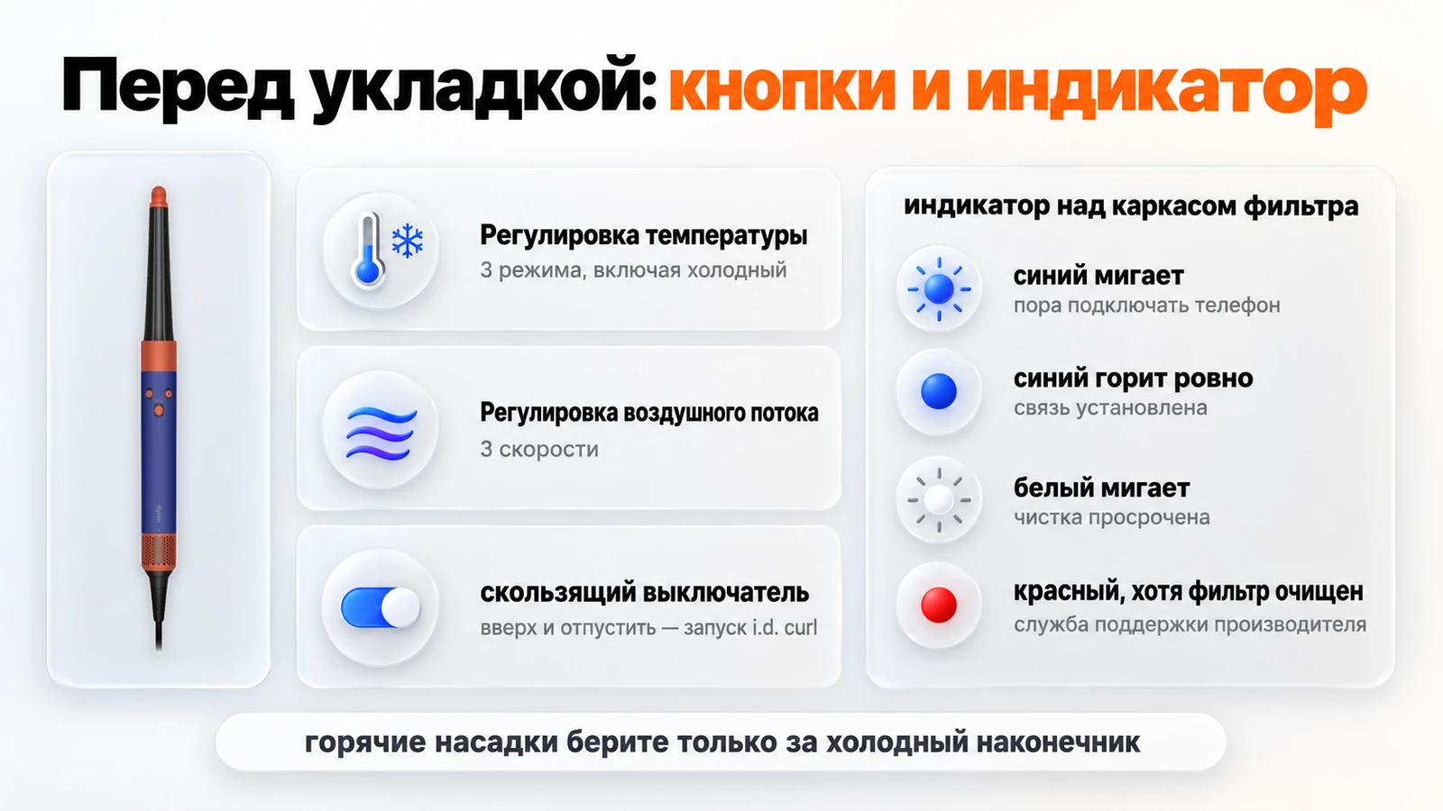 Кнопки и индикатор стайлера Dyson Airwrap i.d.: регулировка температуры и воздушного потока, выключатель и сигналы индикатора