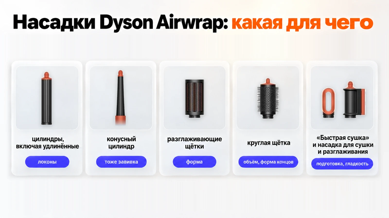 Насадки Dyson Airwrap и для чего они: цилиндры для локонов, щётки для формы и объёма, насадки для сушки и разглаживания