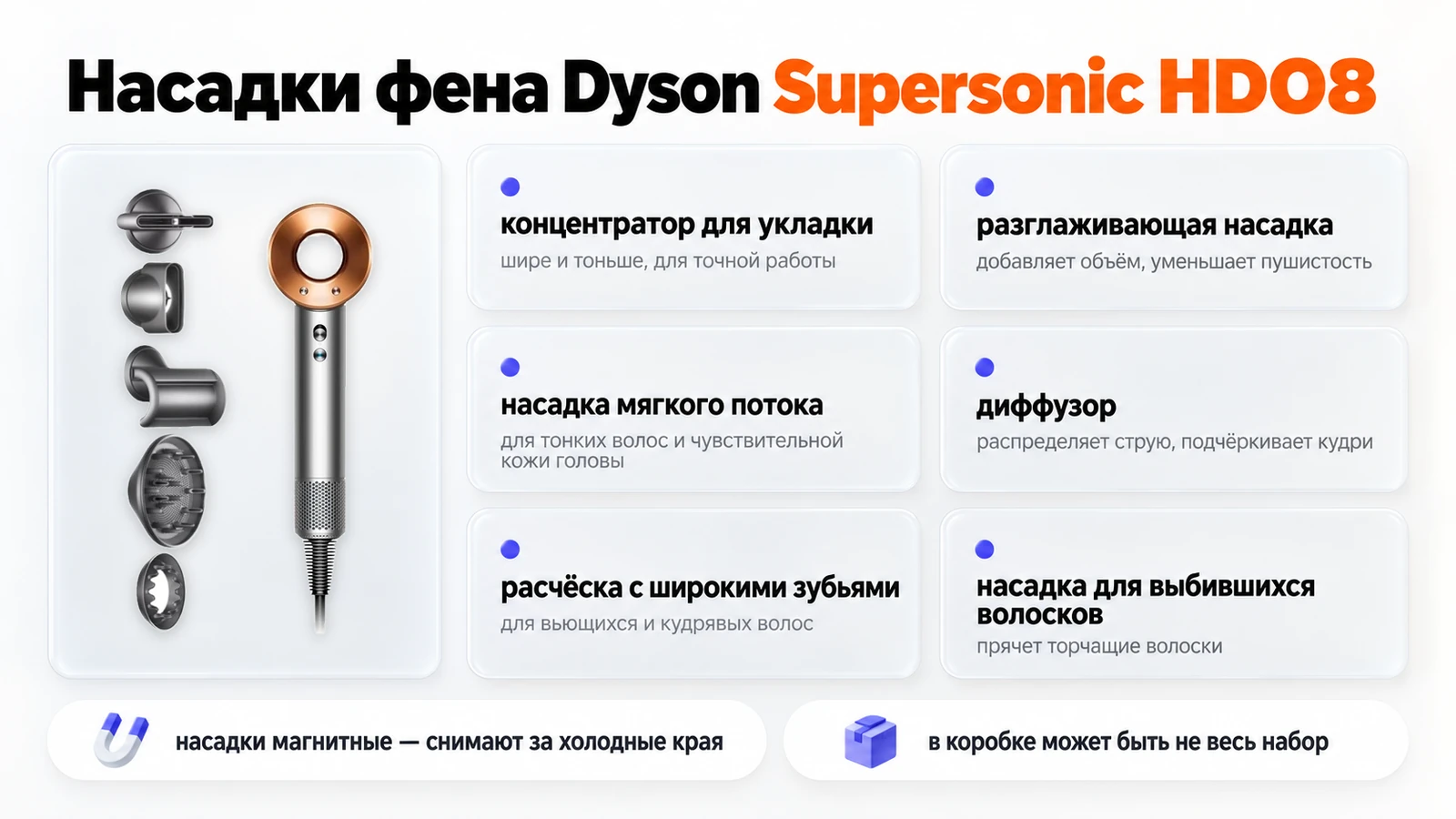 Насадки фена Dyson Supersonic HD08: концентратор, разглаживающая, мягкого потока, диффузор, расчёска и насадка для выбившихся волосков