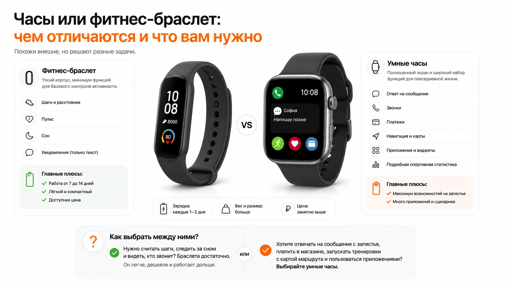 Инфографика — часы или фитнес-браслет: чем отличаются и что вам нужно