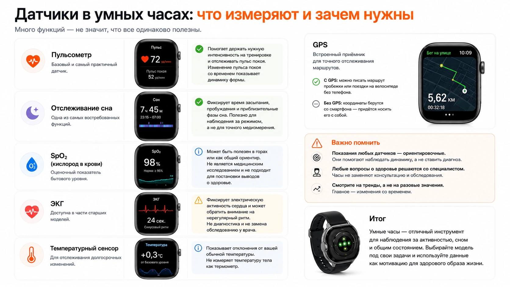 Инфографика — датчики: пульс, SpO2, ЭКГ, сон, температура