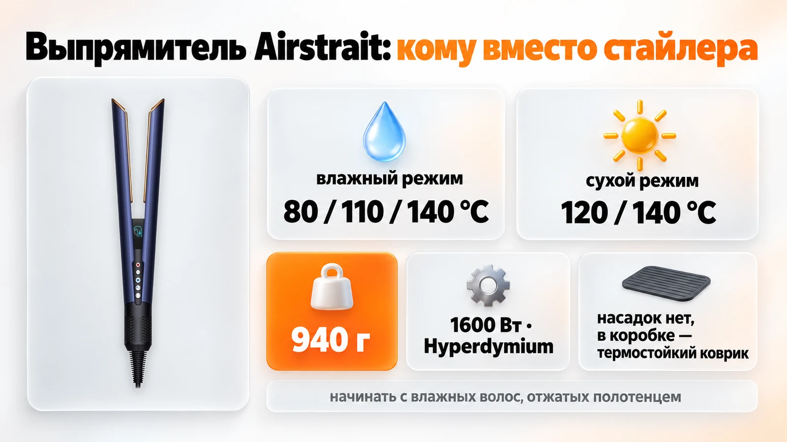 Выпрямитель Dyson Airstrait HT01: влажный режим 80, 110 и 140 °C, сухой 120 и 140 °C, 1600 Вт, 940 г