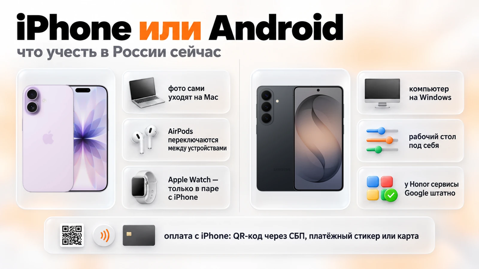 iPhone или Android: iPhone 17 и Galaxy S26, связка с техникой Apple, Windows и сервисы Google, оплата с iPhone по QR-коду, стикером или картой