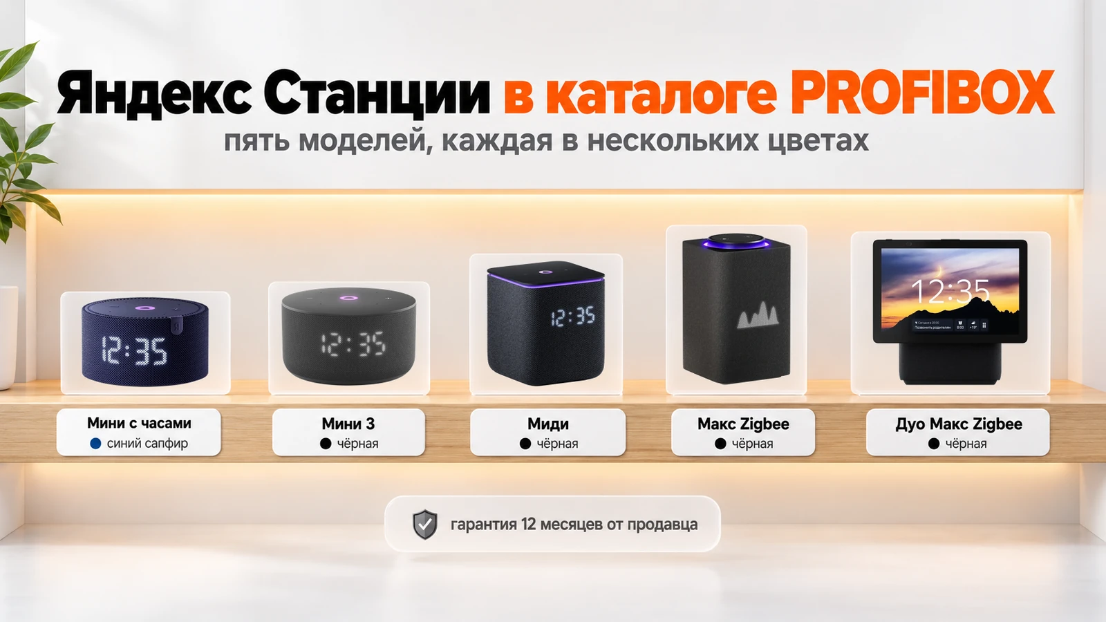 Яндекс Станции в каталоге PROFIBOX: Мини с часами синий сапфир, Мини 3, Миди, Макс Zigbee и Дуо Макс Zigbee чёрные