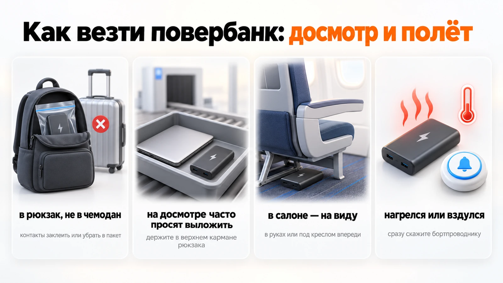 Как везти повербанк в самолёте: в рюкзаке, на досмотре выложить, в салоне держать на виду, о нагреве сказать бортпроводнику