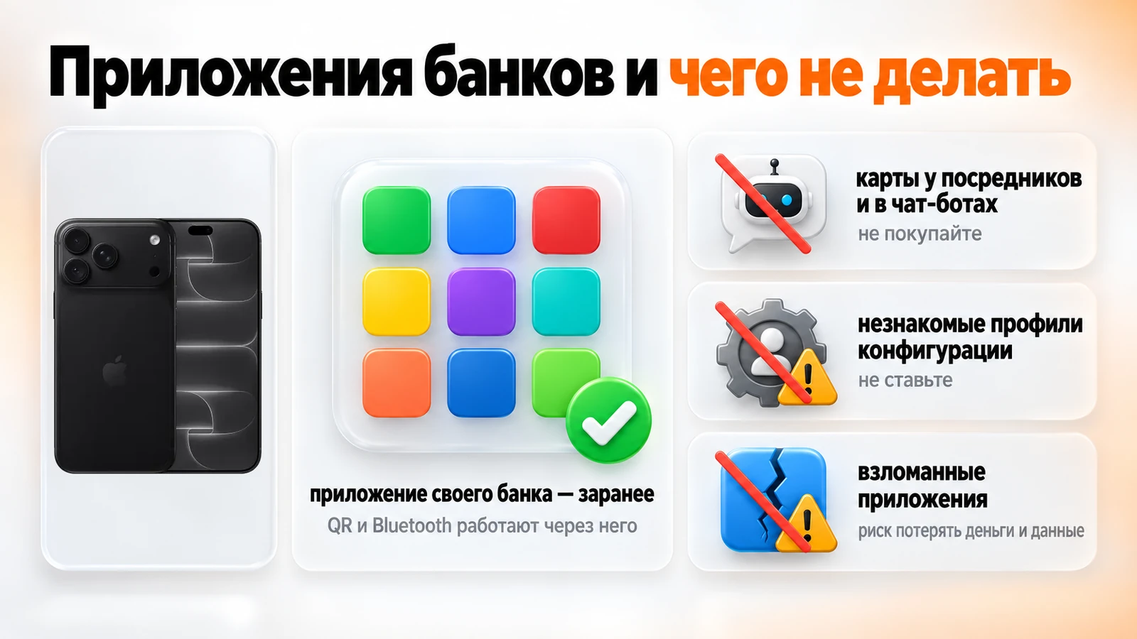 Приложения банков на iPhone: ставьте приложение своего банка, не покупайте карты в чат-ботах и не ставьте взломанные приложения