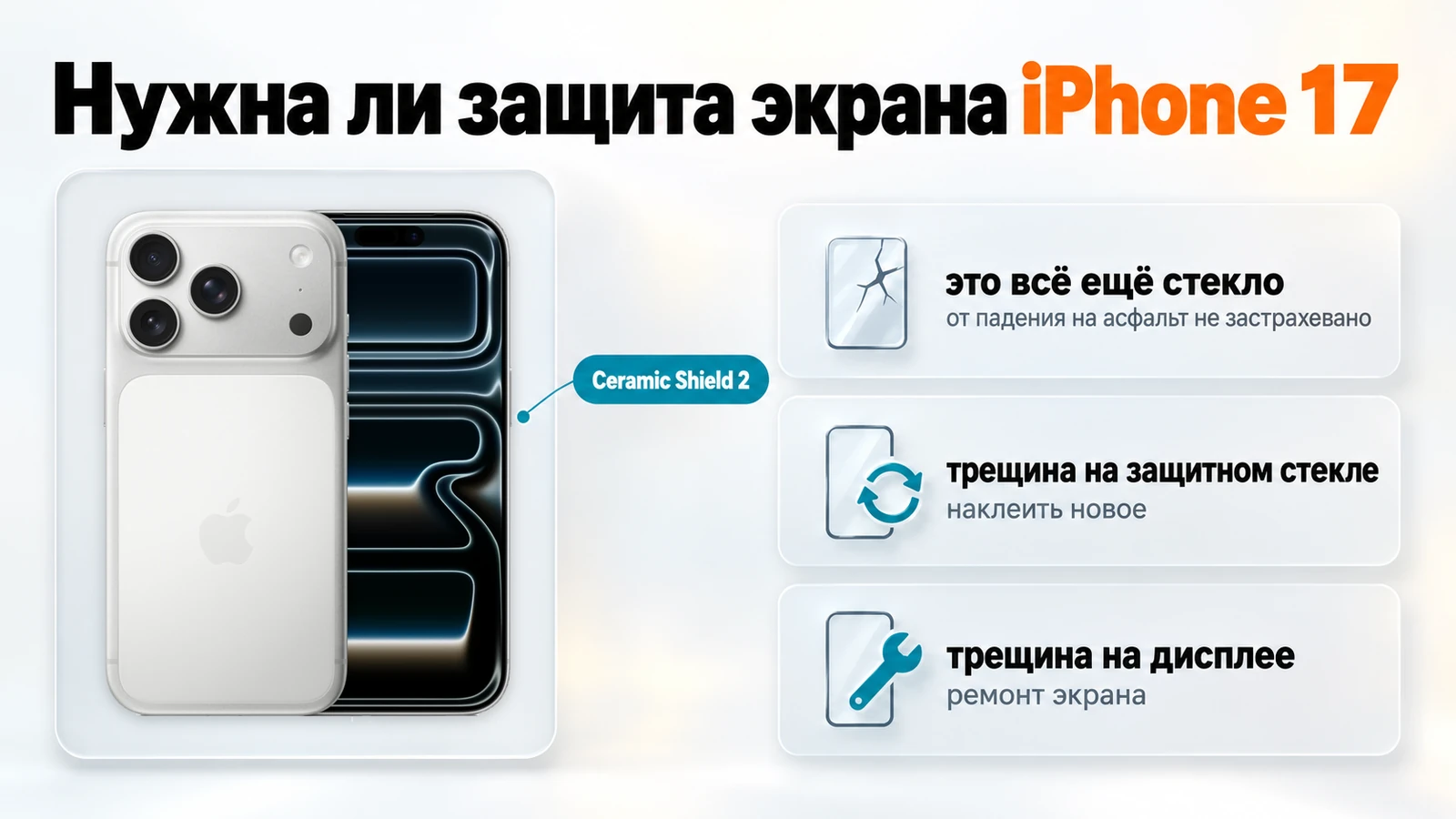 Нужна ли защита экрана iPhone 17: Ceramic Shield 2 — всё ещё стекло, трещина на защитном стекле дешевле ремонта экрана