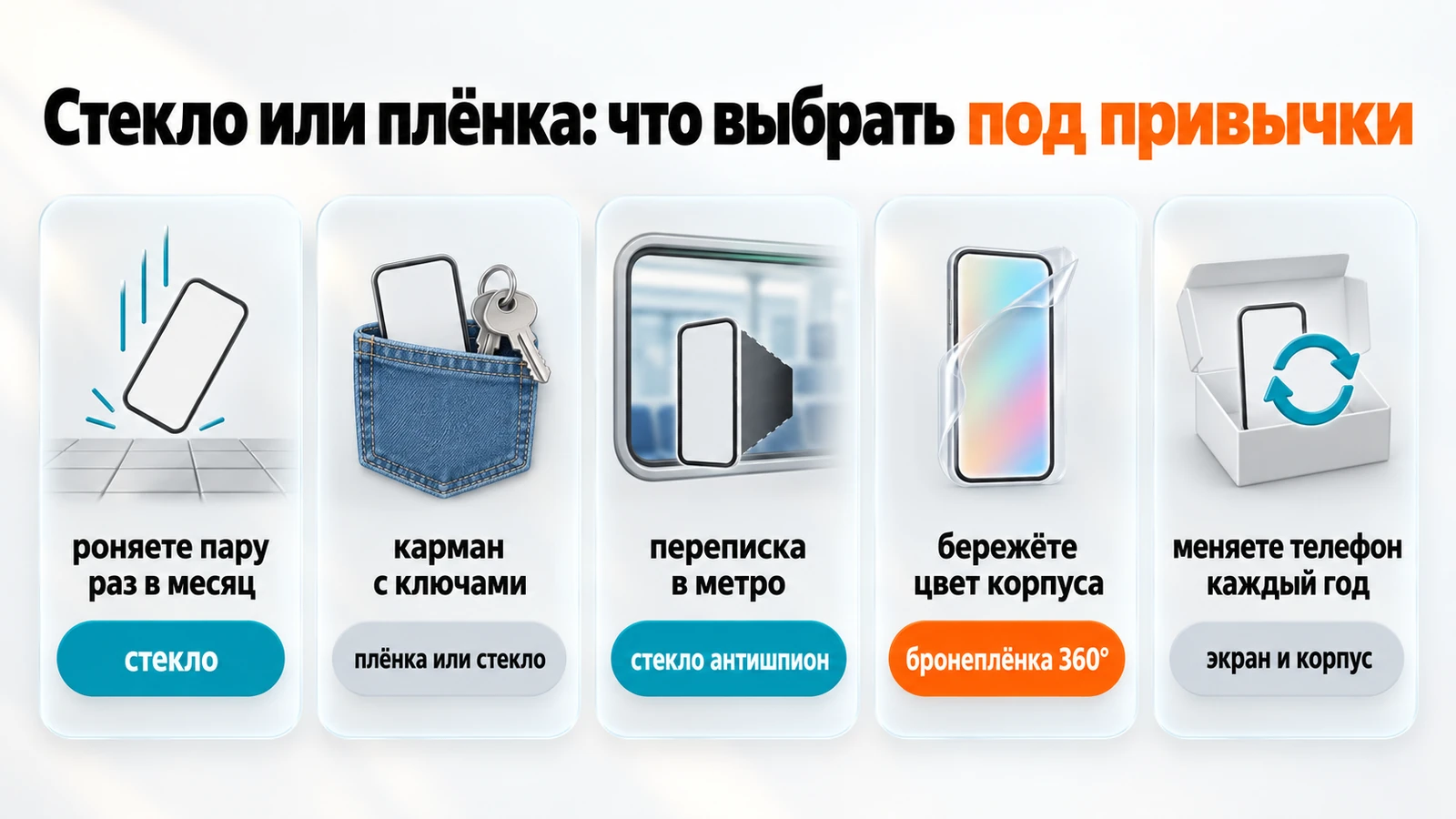 Стекло или плёнка под привычки: роняете — стекло, ключи в кармане — плёнка или стекло, метро — антишпион, цвет корпуса — бронеплёнка