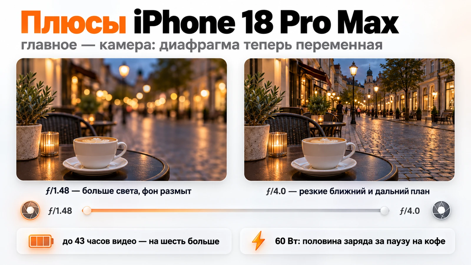 Переменная диафрагма iPhone 18 Pro Max: вечерняя улица при &fnof;/1.48 и при &fnof;/4.0