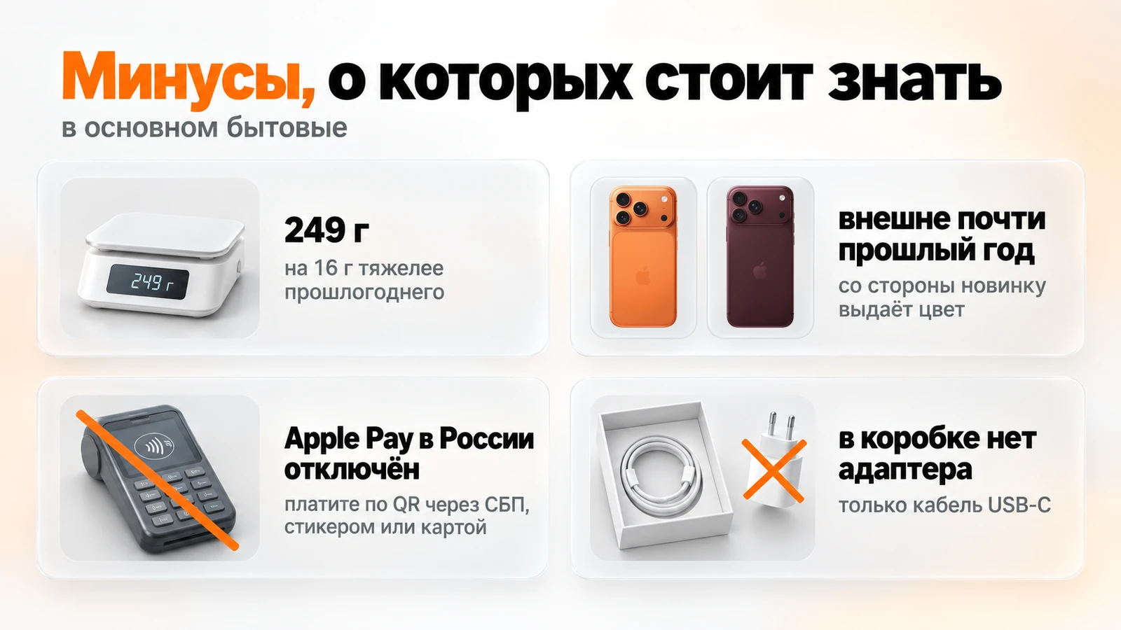 Минусы iPhone 18 Pro Max: вес 249 г, внешне как 17 Pro Max, Apple Pay не работает, нет адаптера в коробке