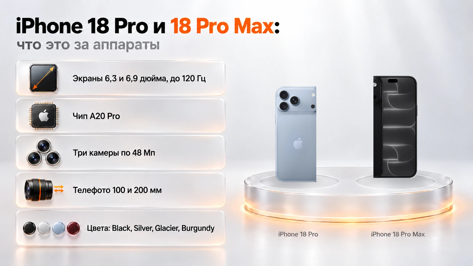 Характеристики iPhone 18 Pro и 18 Pro Max: экраны 6,3 и 6,9 дюйма, чип A20 Pro, три камеры по 48 Мп