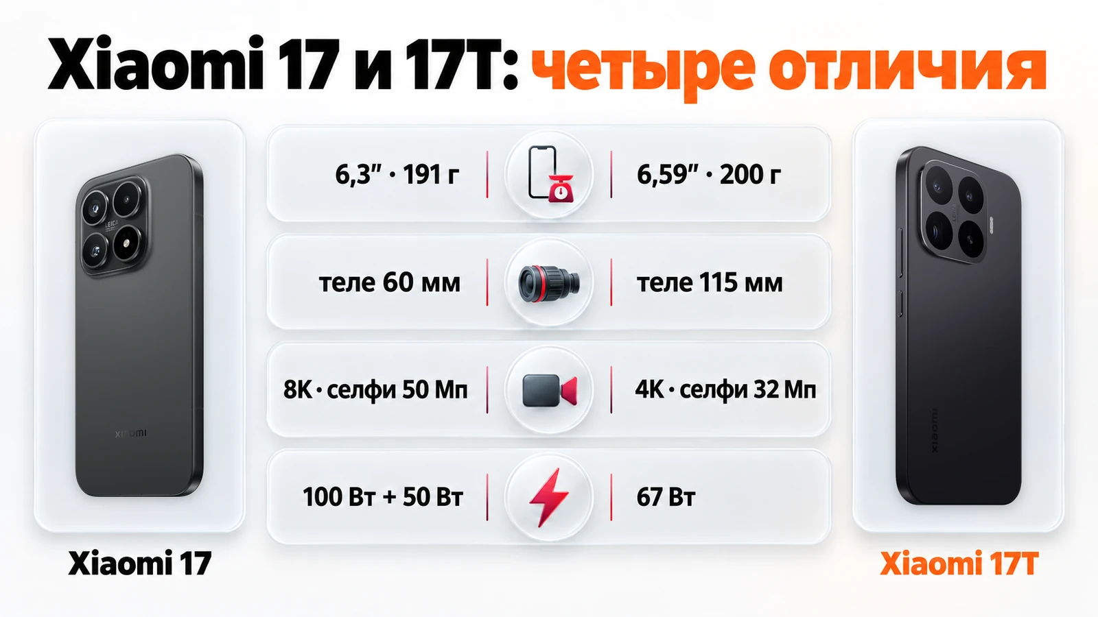Четыре отличия Xiaomi 17 и 17T: размер и вес, телеобъектив 60 и 115 мм, видео и селфи, зарядка